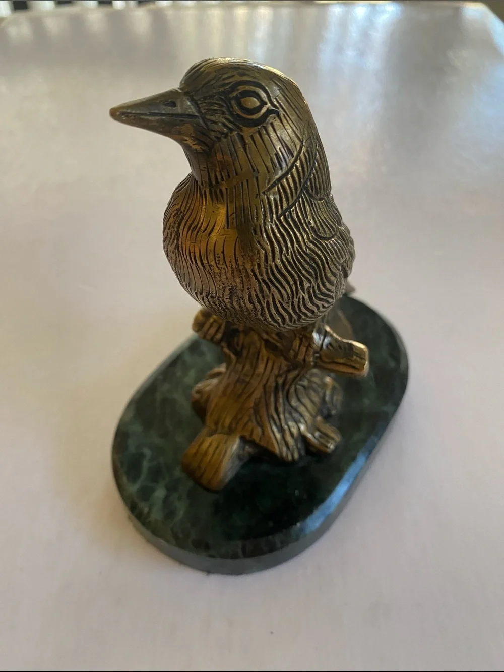 Vintage Solid Brass Bird Figurine on Green Marble Base